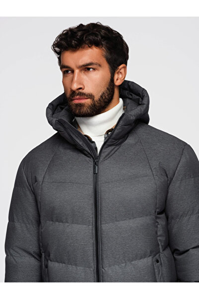 OMBRE Ανδρικό μακρύ καπιτονέ μπουφάν με κουκούλα - γκρι V2 OM-JALJ-0264 L