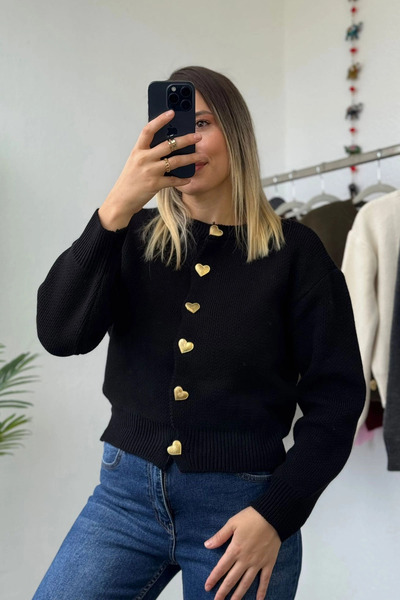 Kubos Moda Чорний кардиган з деталями у вигляді сердечок та велосипедним коміром