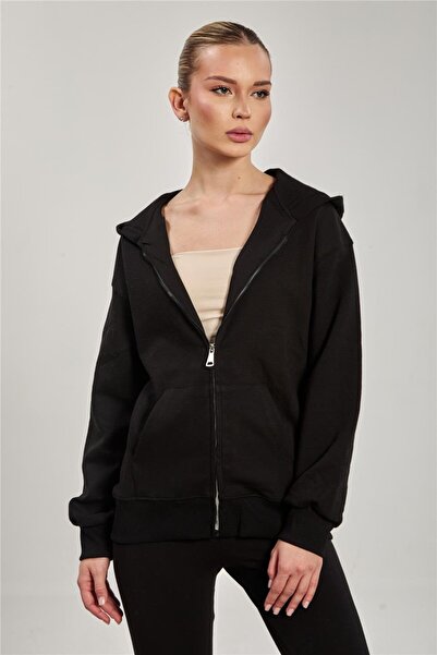 BARRELS AND OIL سترة نسائية بغطاء للرأس وسحاب وجيب الكنغر - أسود