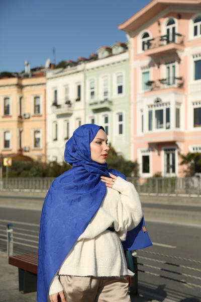 ENRİCO FERRİ Jakarlı Geometrik Desen Lumea Şal - Saks Mavi