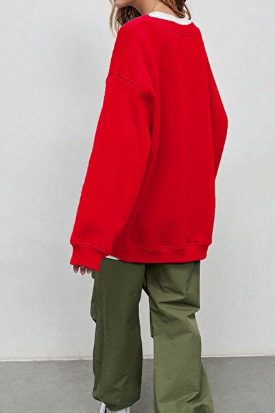 COMBİNE MİCHAİL Women's Crew Neck Oversize Red Sweatshirt