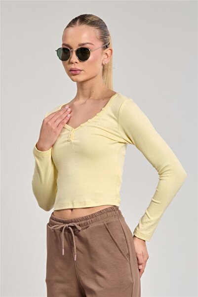 BARRELS AND OIL Kadın Yaka Düğmeli Uzun Kol Body - Sarı