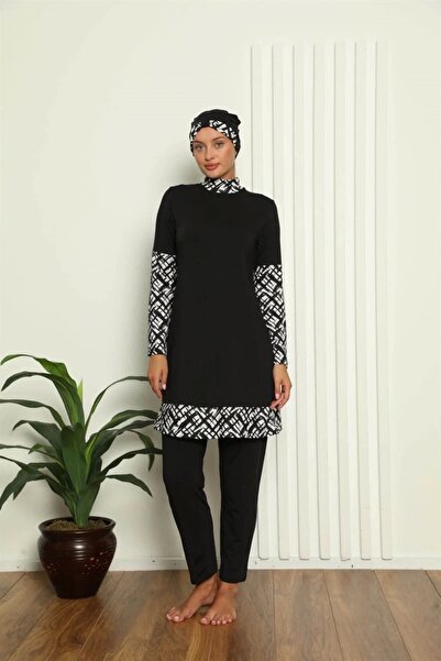 Beruflic Full Hijab Digital Patterned Swimsuit Black