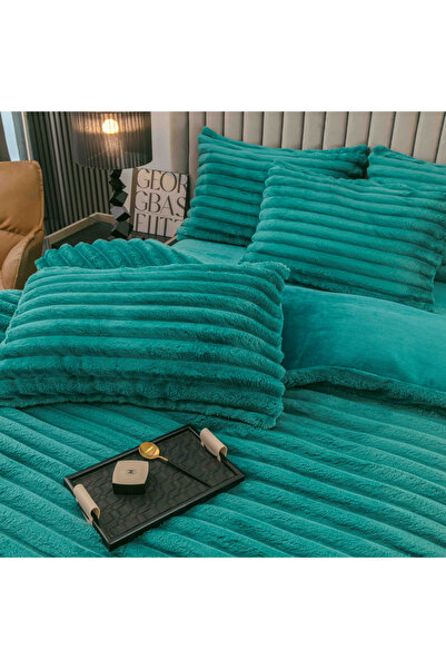 JOJO HOME Fluffy cocolino bedding set, thick striped pattern, with elastic, 2-person bed, 4 pieces, Turquoise