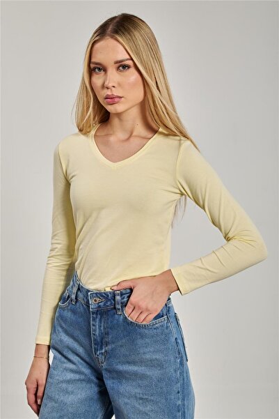 BARRELS AND OIL بدلة نسائية طويلة الأكمام برقبة على شكل V - أصفر فاتح