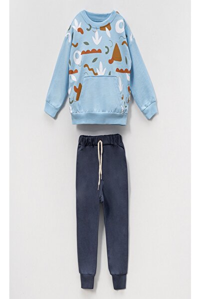 dinamik çocuk 2-6Yaş Erkek Çocuk 2’li Takım Soyut Bulut Desenli Kanguru Cepli Sweatshirt & Eşofman Altı