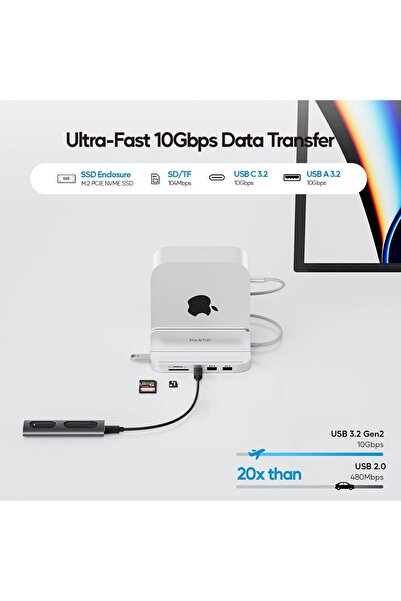 Generic قاعدة توصيل Mac mini M4 مع حاوية SSD M.2 سعة 4 تيرابايت، ومحور USB-C عمودي من الألومنيوم 8 في 1