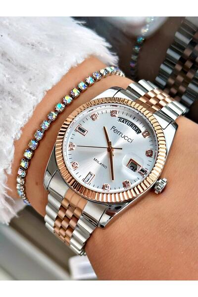 Ferrucci Kadın Kol Saati Su Geçirmez Tarih Fonksiyonlu. Rose Gold ,Gri.