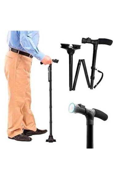 KESNUP Foldable orthopedic walking stick, 4-point ground support with pivoting and LED flashlight, Black