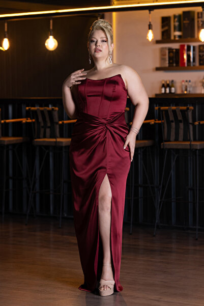 Abiyefon Bordo Straplez Yırtmaçlı Uzun Saten Büyük Beden Abiye ABU5179