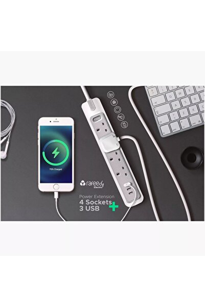 genric مقبس تمديد طاقة رافيد 2990 واط، 4 فتحات، من النوع البريطاني، مزود بثلاثة منافذ USB