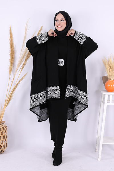 Bym Fashion 17017 Ethnic Pattern Poncho Black