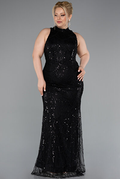 Abiyefon Siyah Halter Yaka Uzun Boncuklu Büyük Beden Abiye ABU5063