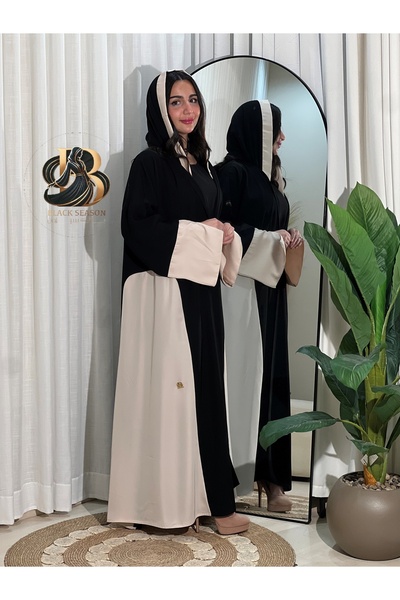 Black Season Nasma Abaya with a semi-cloche design, with beige Korean Internet fabric and accessories at the back | from Black Season