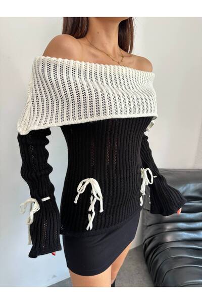 Lamierra Double Color Detailed Bow Off-The-Shoulder Women's Knitwear Sweater