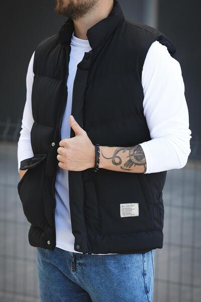 since 1990 man Manoctave Waterproof Hooded Pocket Label Detailed Stand Collar Men's Puffer Vest