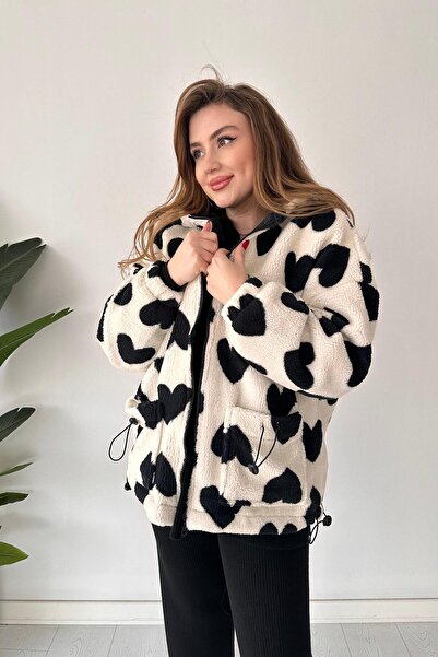 MaziButik Kapşonlu Kalpli Peluş Mont Ekru