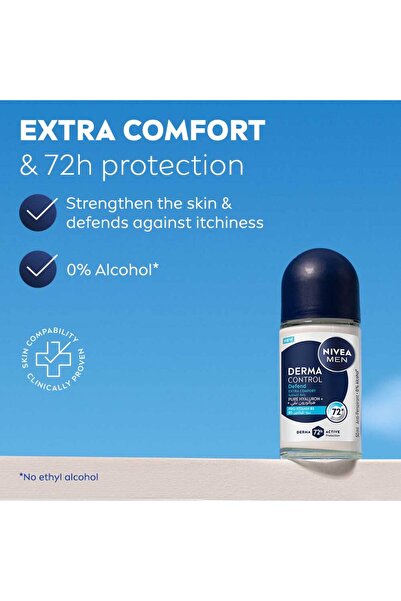 NIVEA مزيل عرق ديرما كنترول ديفيند إكسترا كومفورت بيور هيالورون + برو-فيتامين بي 5 رول أون للرجال 50 مل