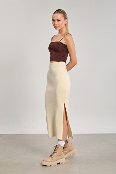 BARRELS AND OIL Kadın Triko Kalem Etek - Taş Rengi