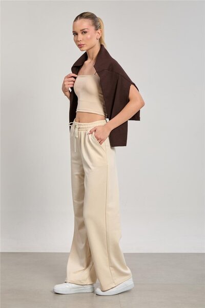 BARRELS AND OIL Kadın Beli Lastikli Modal Bol Paça Pantolon - Taş Rengi
