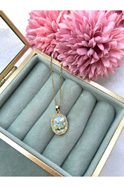 Lavin Accessoriess İncili Lale Detaylı Vintage Mavi Çelik Kolye