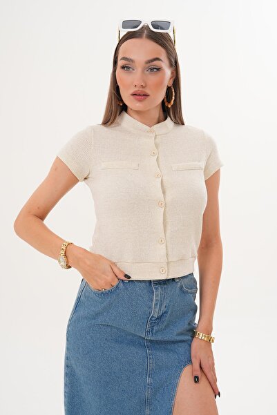 ŞİMAL Bluză cu mâneci scurte pentru femei, cu detaliu cu nasturi, argintie 255073 -