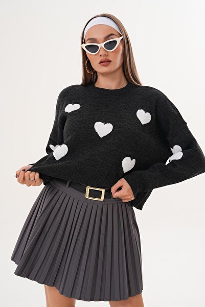 ŞİMAL Kadın Kalp Desenli Triko Örme Oversize Kazak 255190 -