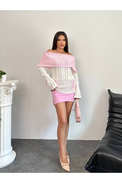 Lamierra Double Color Detailed Bow Off-The-Shoulder Women's Knitwear Sweater