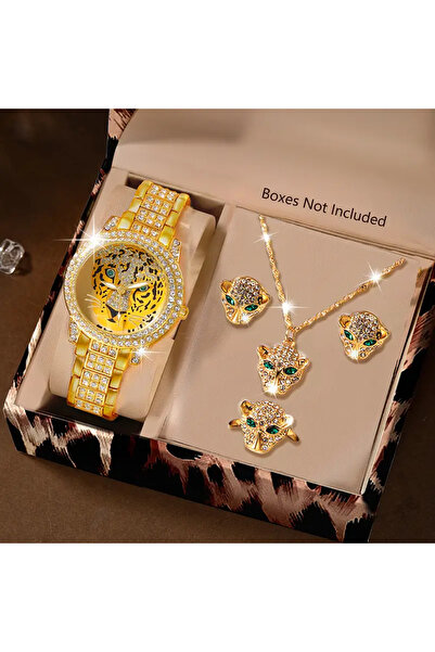 SOWOO WATCH 5 Parça Rhinestone Strap Quartz Saat ve Leopar Kafa Kolye, Küpeler, Yüzük Seti