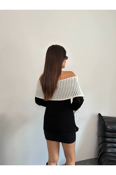 Lamierra Double Color Detailed Bow Off-The-Shoulder Women's Knitwear Sweater