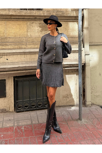 Fav Style Women's Crew Neck Buttoned Cardigan and Pleated Mini Skirt Top and Bottom Knitwear Set Gray