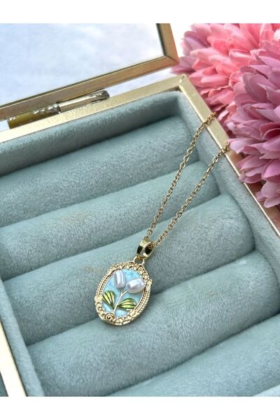 Lavin Accessoriess İncili Lale Detaylı Vintage Mavi Çelik Kolye