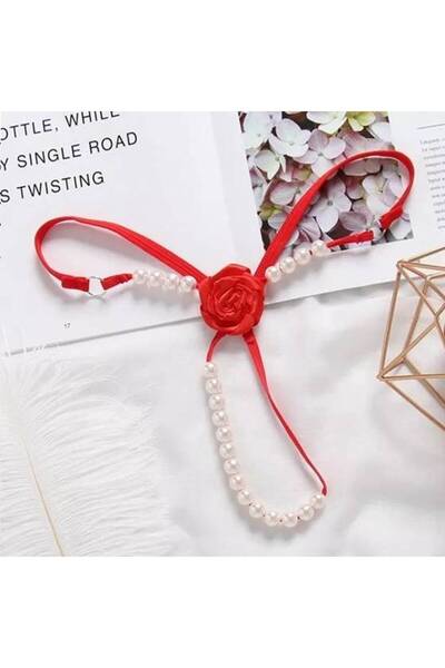 KESNUP Στρινγκ εσώρουχο G-string με λουλούδια και πέρλες, ένα μέγεθος, κόκκινο