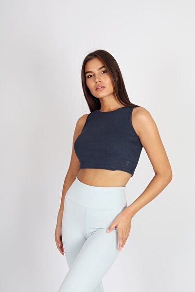 Softandbasic Women's Navy Blue Basic Halter Neck Stretchy Piped Ribbed Knit F...