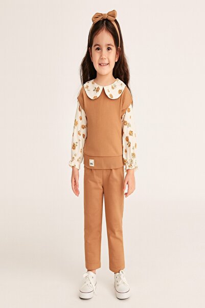 dinamik çocuk 2-6 Year Old Girl's Floral Collar Detailed Ribbed 2-Piece Top and Bottom Set for Seasonal Wear