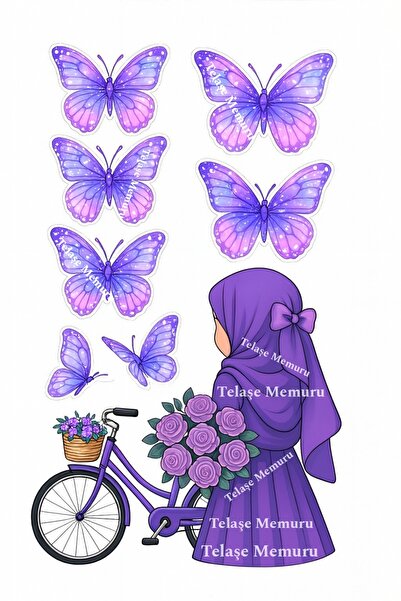 telaşe memuru Türbanlı Kız ve Kelebek Yenilebilir Ciçek Pasta Resmi Baskısı - Yenilebilir Kağıt ve Pasta Süsleri 3