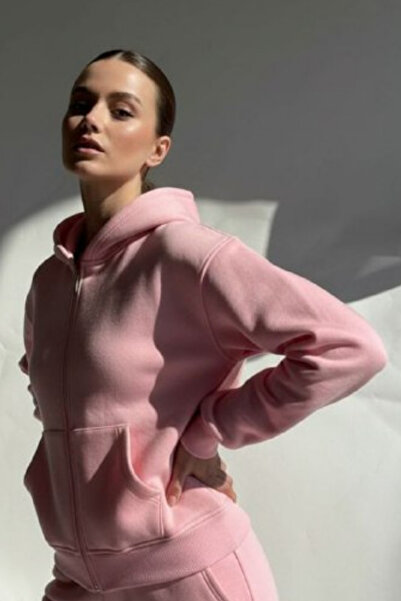 Mogi Butik Kadın 3 İplik İçi Polarlı Kapüşonlu Oversize Sweat Hırka 3095
