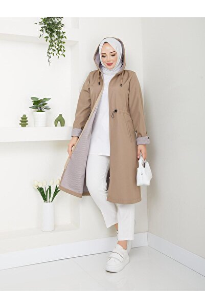 exxitcollection Women's Bondit Fabric Striped Trench Coat Hooded Waterproof Stylish Comfortable