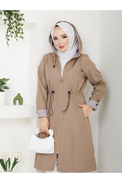 exxitcollection Women's Bondit Fabric Striped Trench Coat Hooded Waterproof Stylish Comfortable