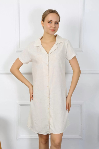 Beruflic Women's Cotton Linen Short Sleeve Buttoned Cream Tunic Nightgown