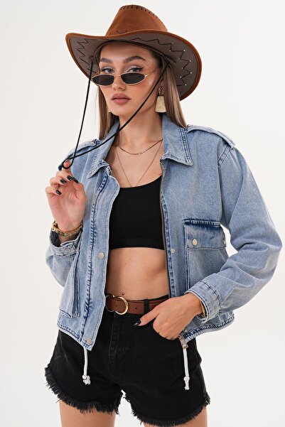 ŞİMAL Women's Double Pocket Epaulet Detailed Denim Jacket 255112 -