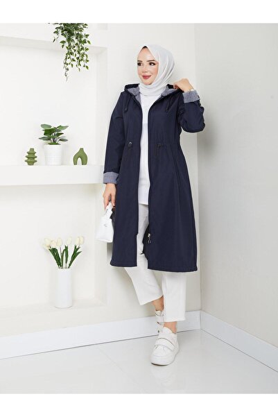 exxitcollection Women's Bondit Fabric Striped Trench Coat Hooded Waterproof Stylish Comfortable