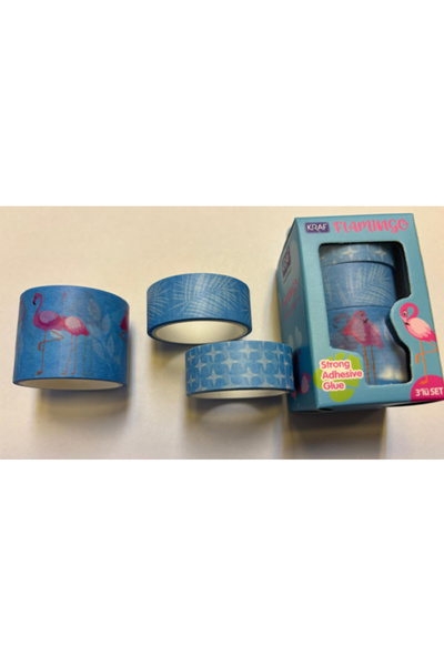 KRAF Tape Patterned Washi Tape Flamingo 3-Piece Box (15Mmx3M 2 Pieces + 30Mmx3M 1 Piece) Blue