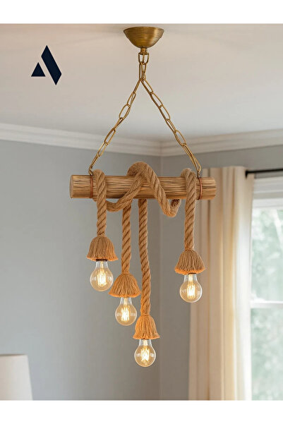 Alldesco Cordela 4’lü Rustik Halatlı Ahşap Avize – Zincir Askılı, Otantik & Dekoratif Tasarım