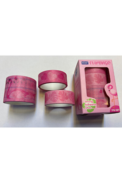 KRAF Tape Patterned Washi Tape Flamingo 3-Piece Box (15Mmx3M 2 Pieces + 30Mmx3M 1 Piece) Pink