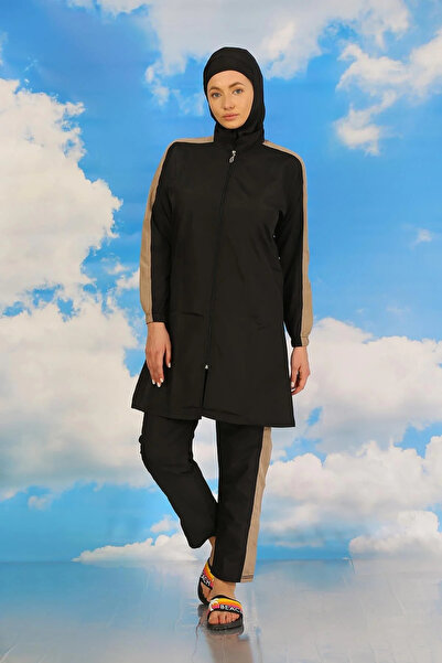 Beruflic Women's Trousers Sleeve Striped Full Hijab Swimsuit Black