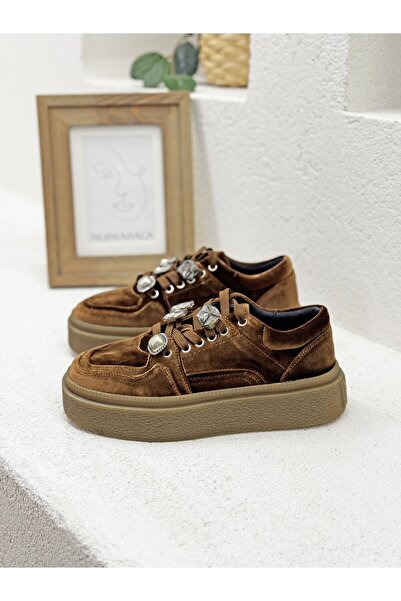 Guja 26K475 TAŞ DETAYLI KADİFE 4CM KALIN TABAN SNEAKER SPOR AYAKKABI KADIN