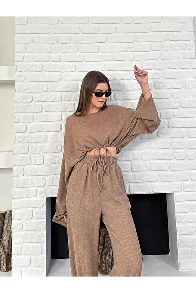 b buhari bykoc Drawstring Long Sleeve Crop Blouse and High Waist Wide Leg Pants Set