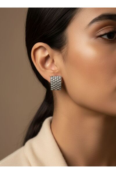 TURBİJ Stone Square Design Silver Color Women's Earrings