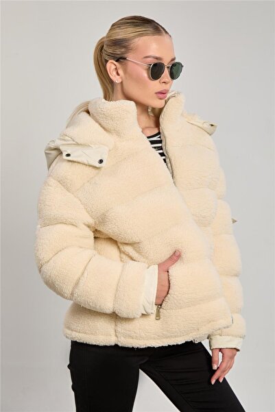 BARRELS AND OIL Kadın Kapüşonlu Peluş Kabartma Şişme Mont - Taş Rengi